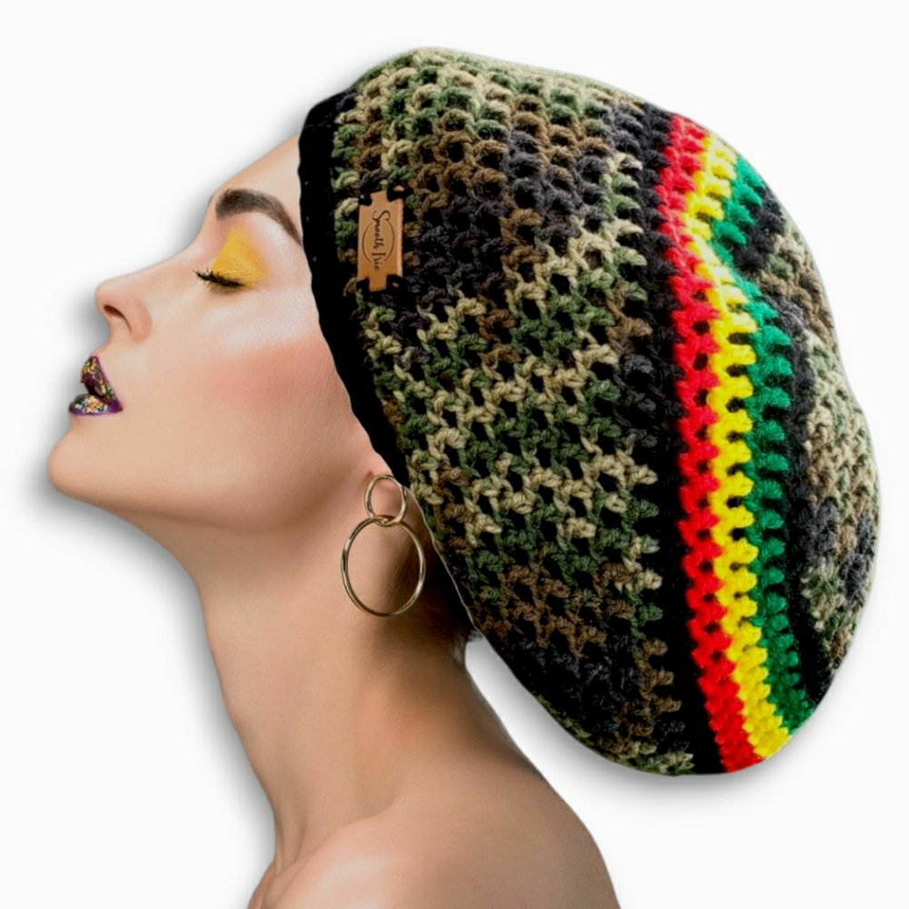 Mesh Crochet Tam Smooth Irie Rasta Camo Black Slouchy Hat Dreadlock Bob Marley